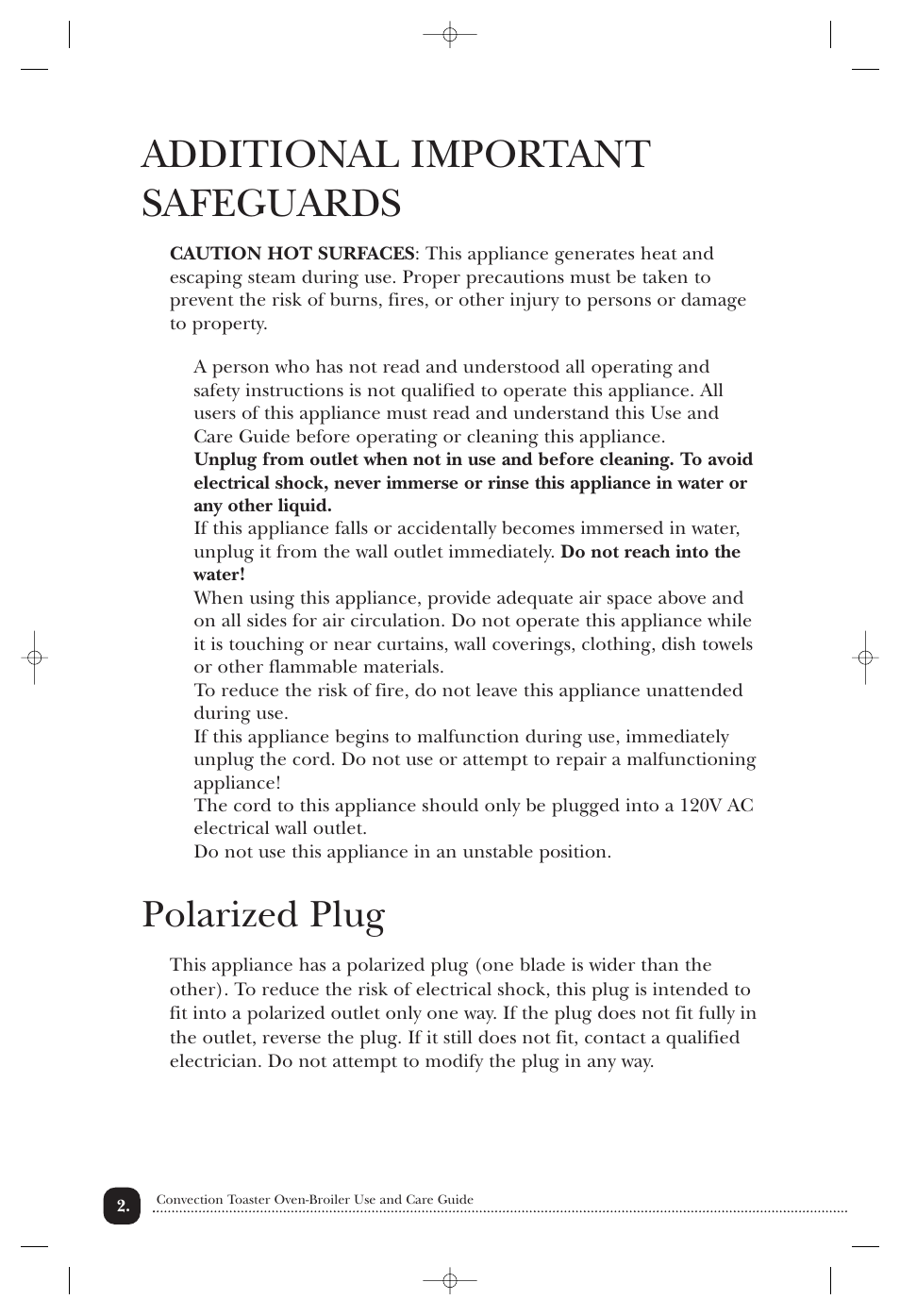 Additional important safeguards, Polarized plug | Toastmaster TOV211CAN User Manual | Page 3 / 33