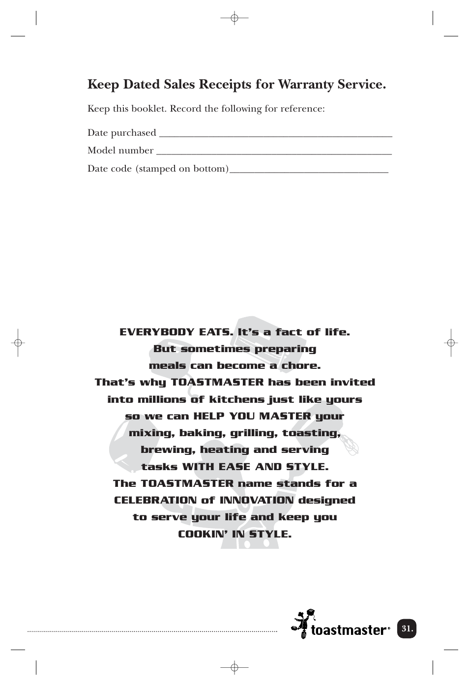 Keep dated sales receipts for warranty service | Toastmaster TOV211CAN User Manual | Page 32 / 33