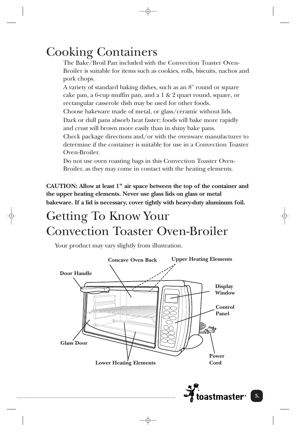 Cooking containers | Toastmaster TOV211CAN User Manual | Page 6 / 33