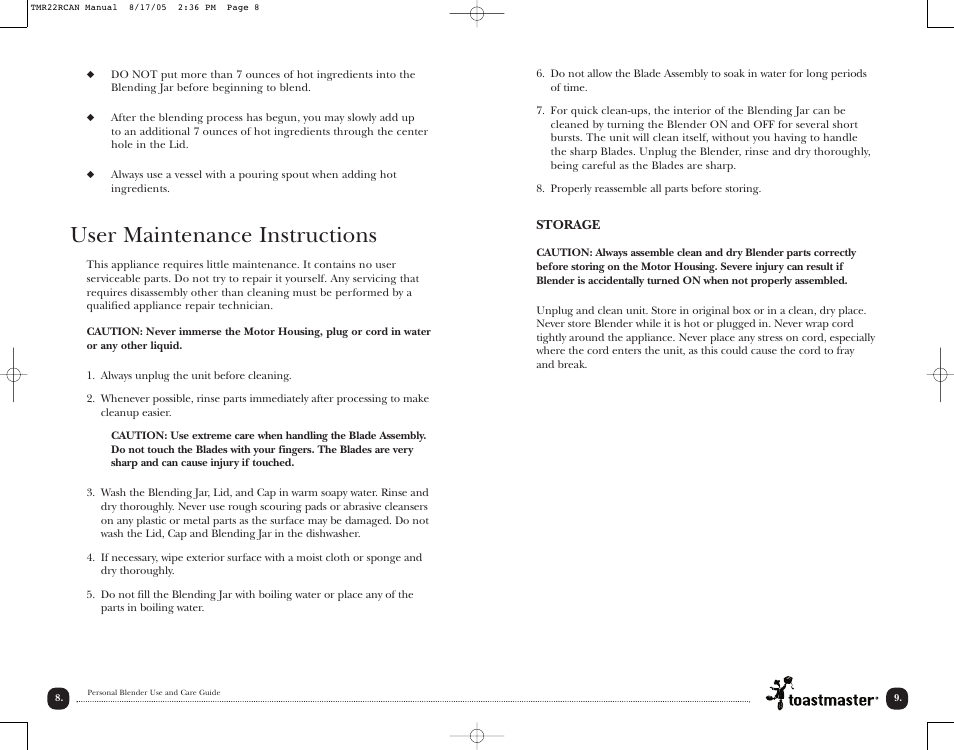 User maintenance instructions | Toastmaster TMR22RCAN User Manual | Page 10 / 14