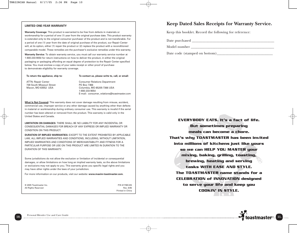 Keep dated sales receipts for warranty service | Toastmaster TMR22RCAN User Manual | Page 12 / 14