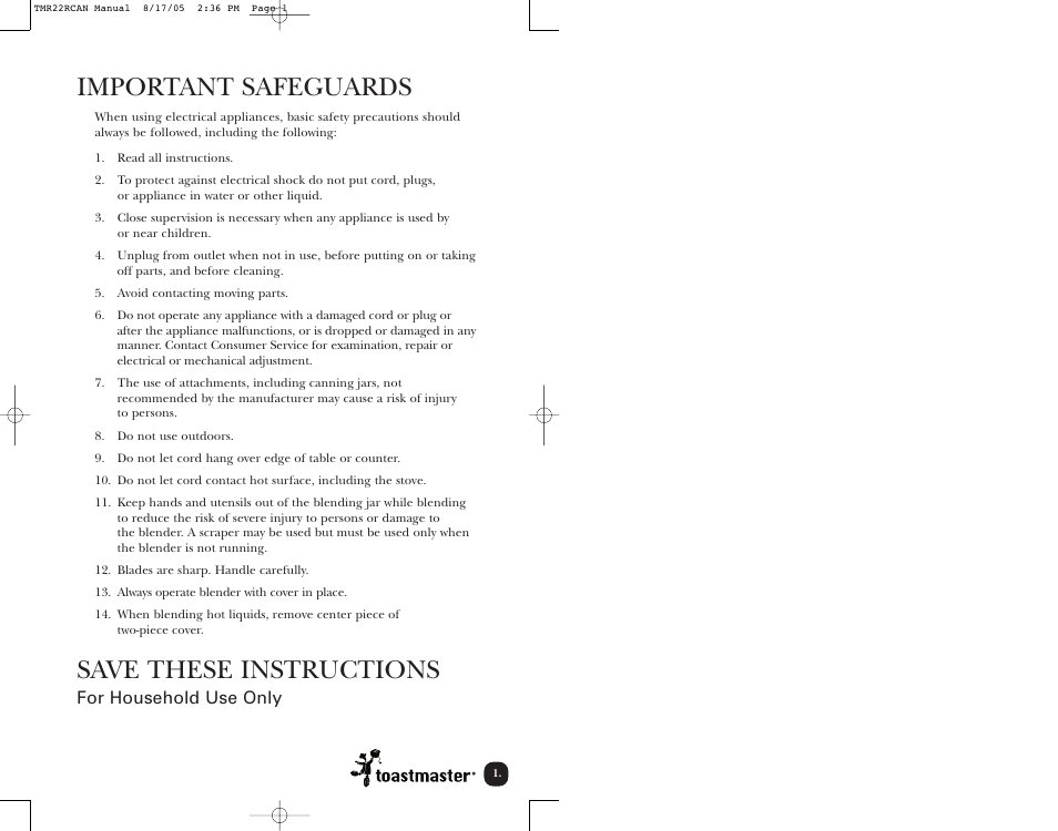 Important safeguards, Save these instructions | Toastmaster TMR22RCAN User Manual | Page 2 / 14