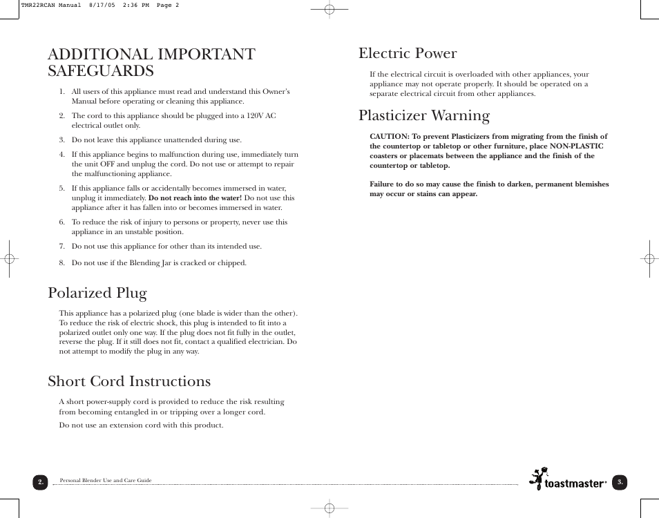 Additional important safeguards, Polarized plug, Short cord instructions | Electric power, Plasticizer warning | Toastmaster TMR22RCAN User Manual | Page 4 / 14