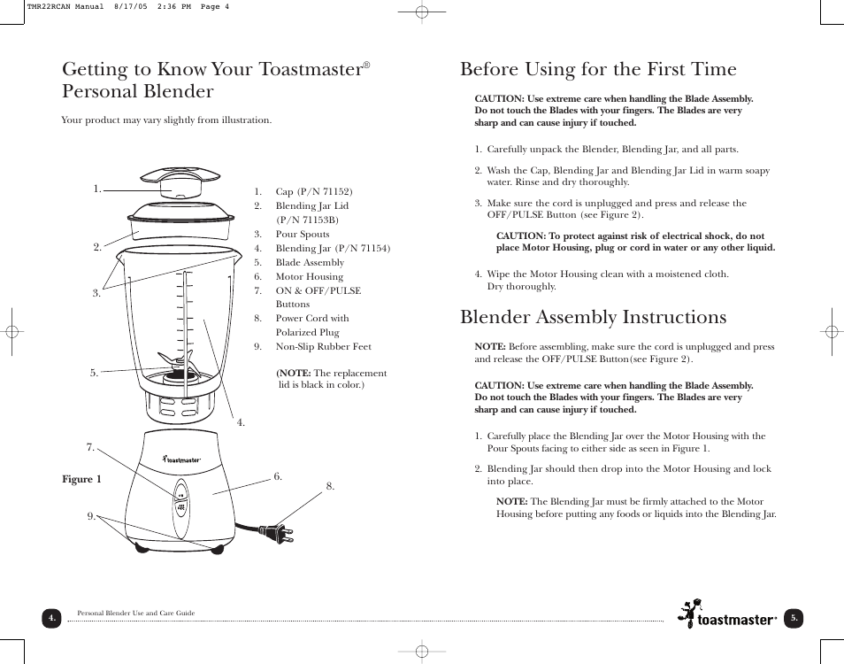 Before using for the first time, Blender assembly instructions, Getting to know your toastmaster | Personal blender | Toastmaster TMR22RCAN User Manual | Page 6 / 14