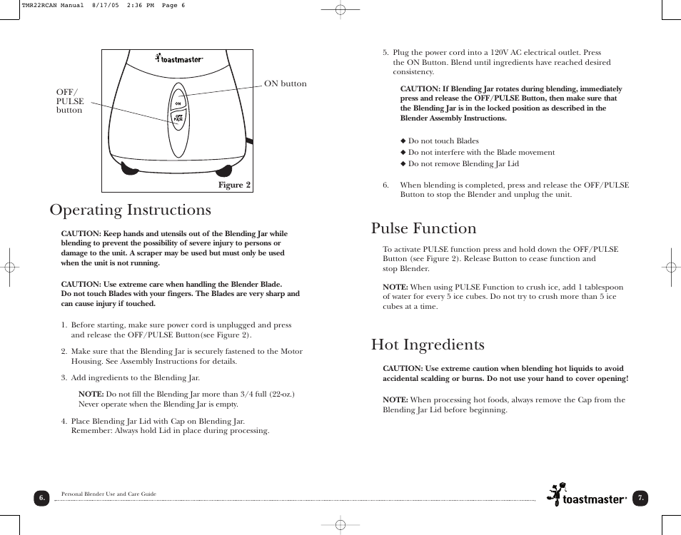 Pulse function, Hot ingredients, Operating instructions | Toastmaster TMR22RCAN User Manual | Page 8 / 14