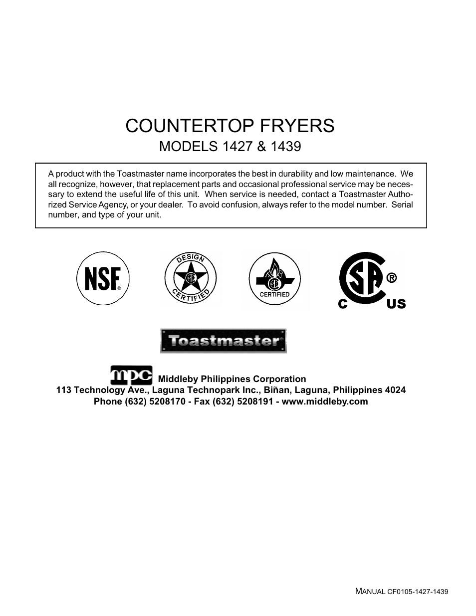 Countertop fryers | Toastmaster 1439 User Manual | Page 32 / 32
