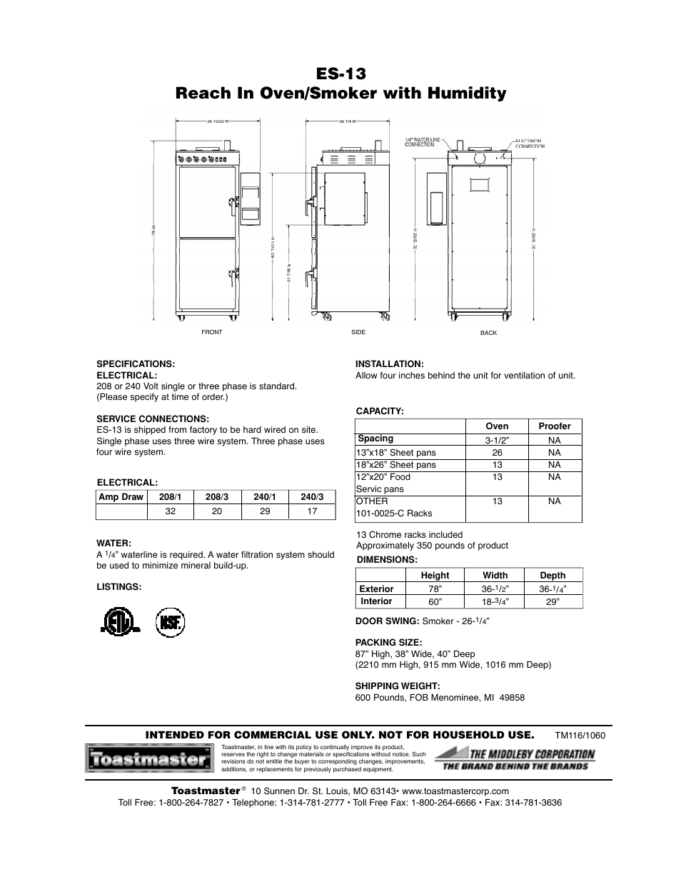 Es-13 reach in oven/smoker with humidity | Toastmaster ES-13 User Manual | Page 2 / 2