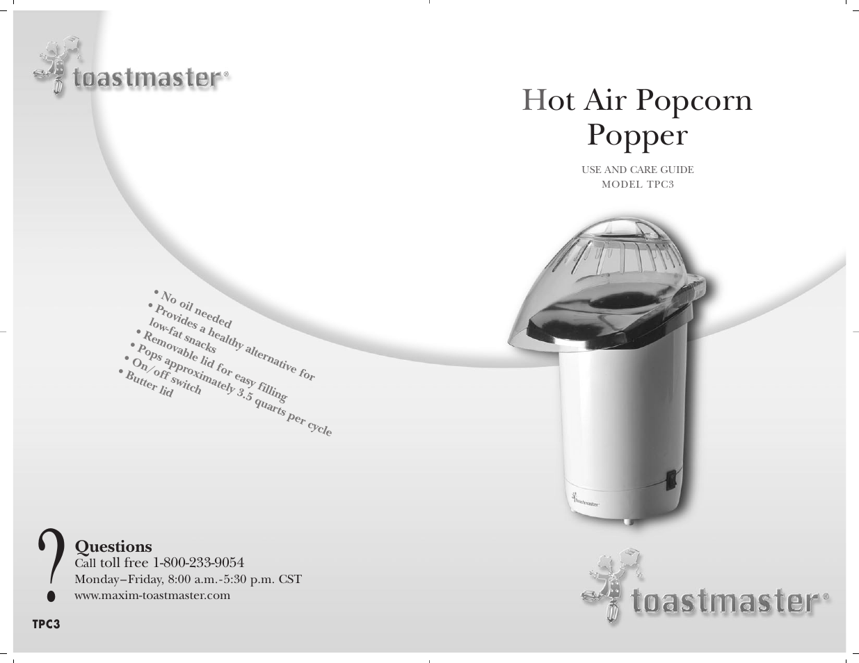 Hot air popcorn popper | Toastmaster TPC3 User Manual | Page 10 / 10