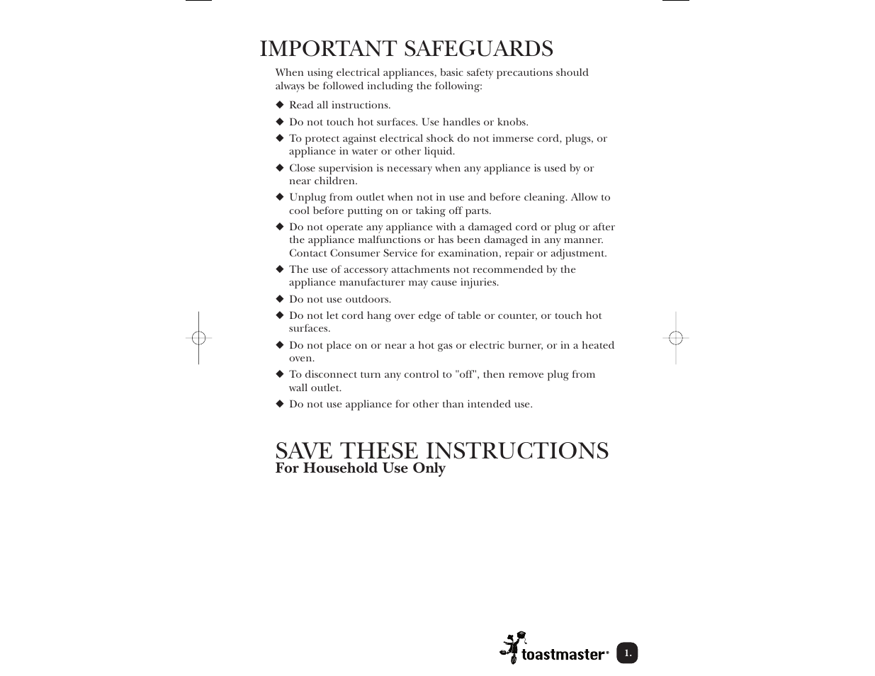 Save these instructions, Important safeguards | Toastmaster TPC3 User Manual | Page 2 / 10