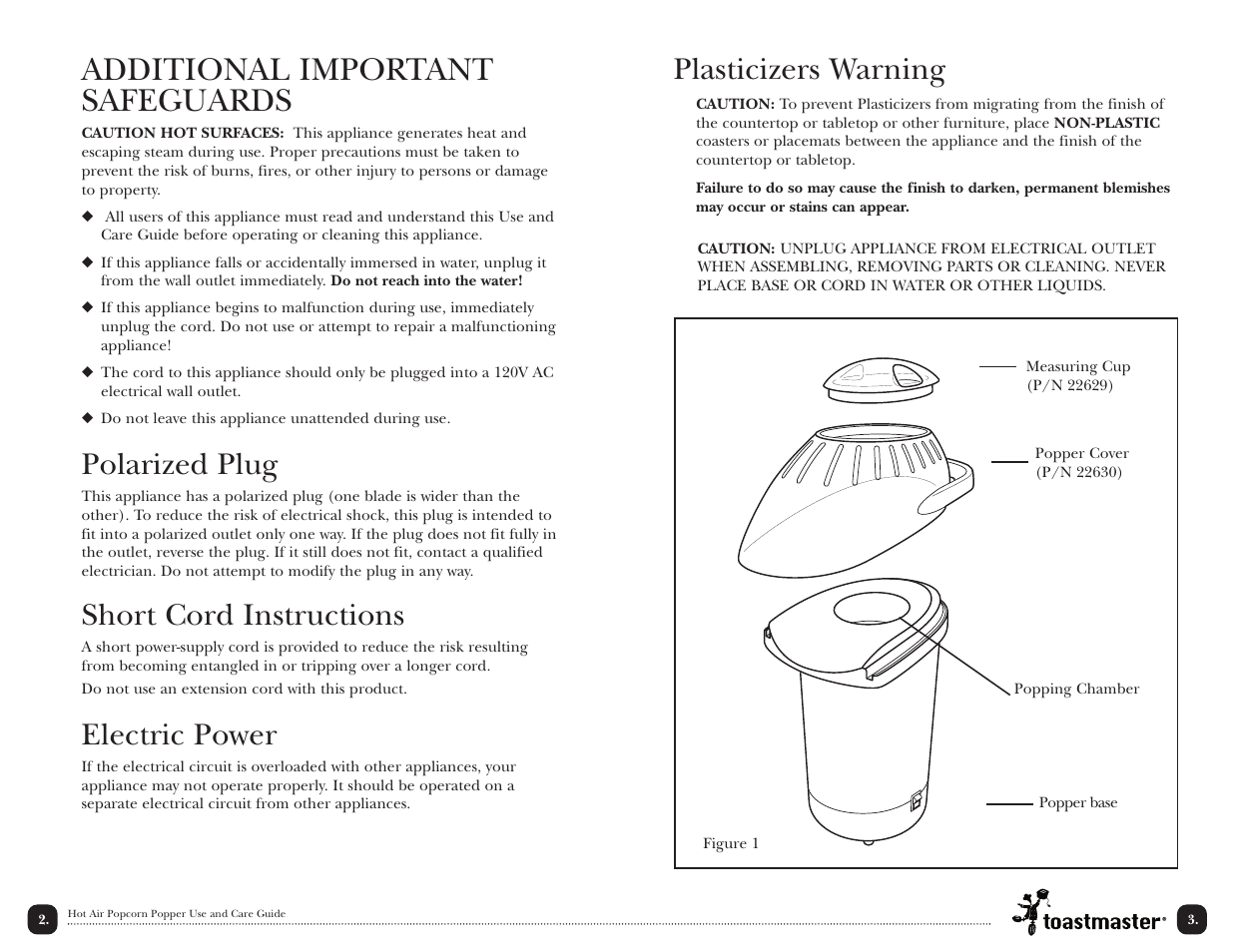 Additional important safeguards, Plasticizers warning, Polarized plug | Short cord instructions, Electric power | Toastmaster TPC3 User Manual | Page 3 / 10