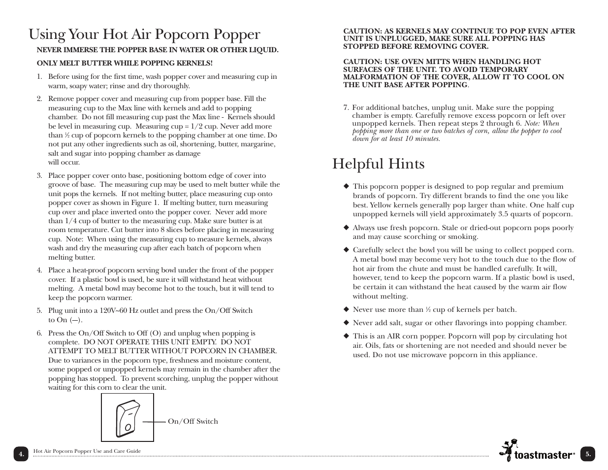 Helpful hints, Using your hot air popcorn popper | Toastmaster TPC3 User Manual | Page 5 / 10