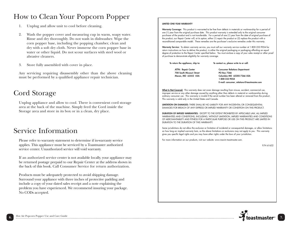 How to clean your popcorn popper, Cord storage, Service information | Toastmaster TPC3 User Manual | Page 7 / 10