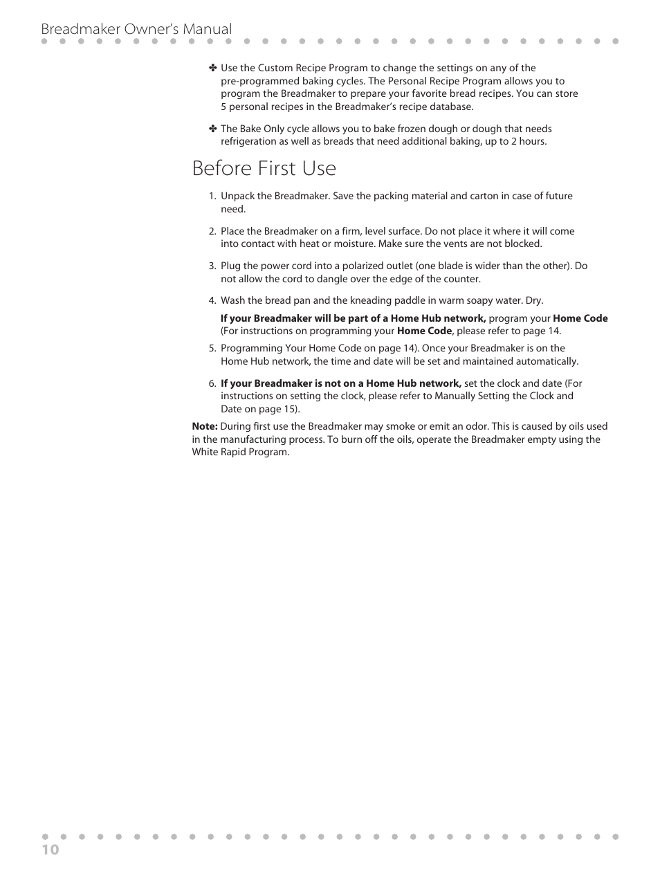 Before first use, 10 breadmaker owner’s manual | Toastmaster WBYBM1 User Manual | Page 10 / 108