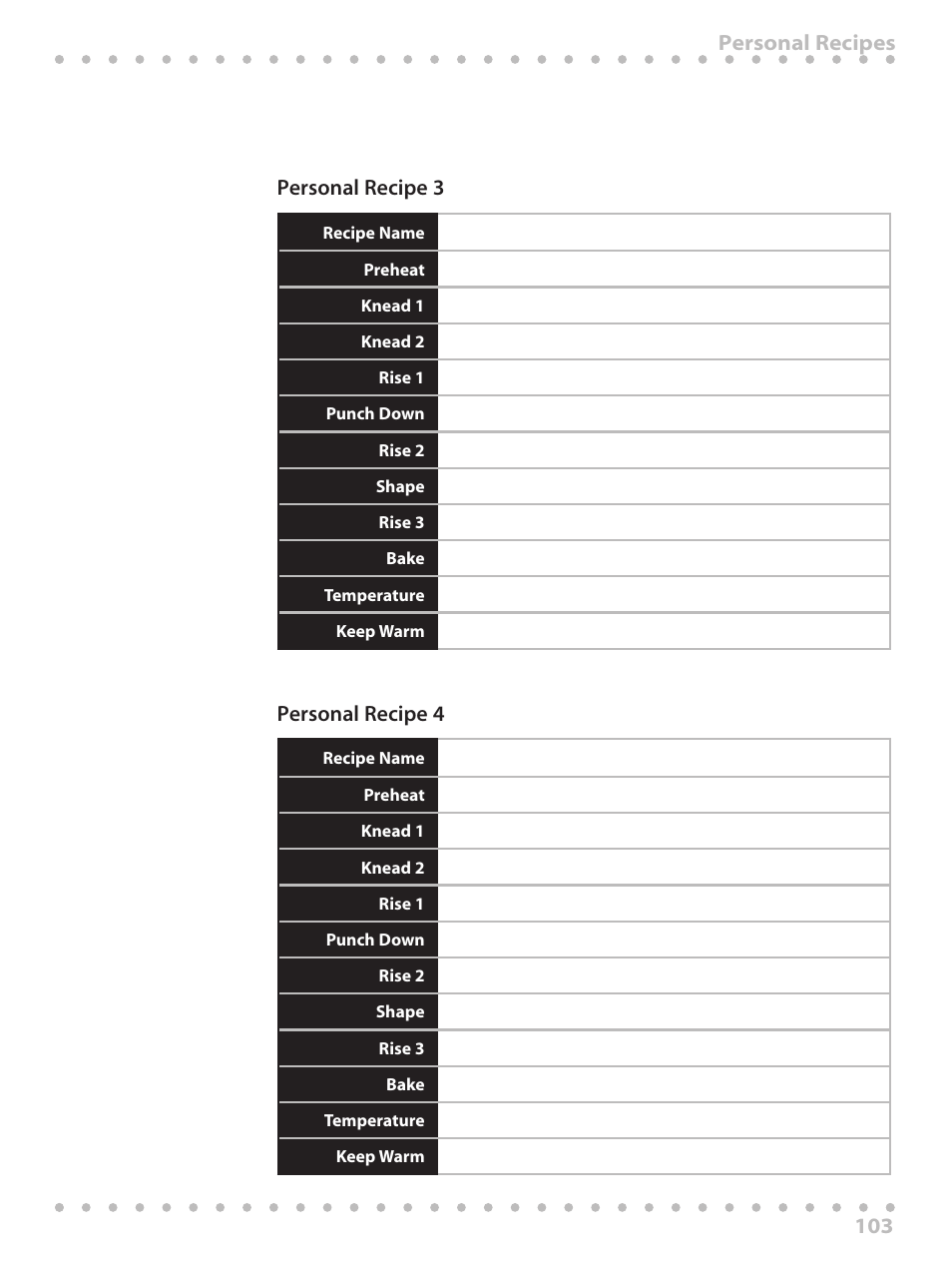 103 personal recipes personal recipe 3, Personal recipe 4 | Toastmaster WBYBM1 User Manual | Page 103 / 108
