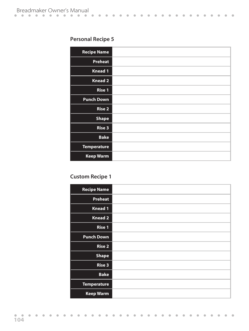 104 breadmaker owner’s manual personal recipe 5, Custom recipe 1 | Toastmaster WBYBM1 User Manual | Page 104 / 108