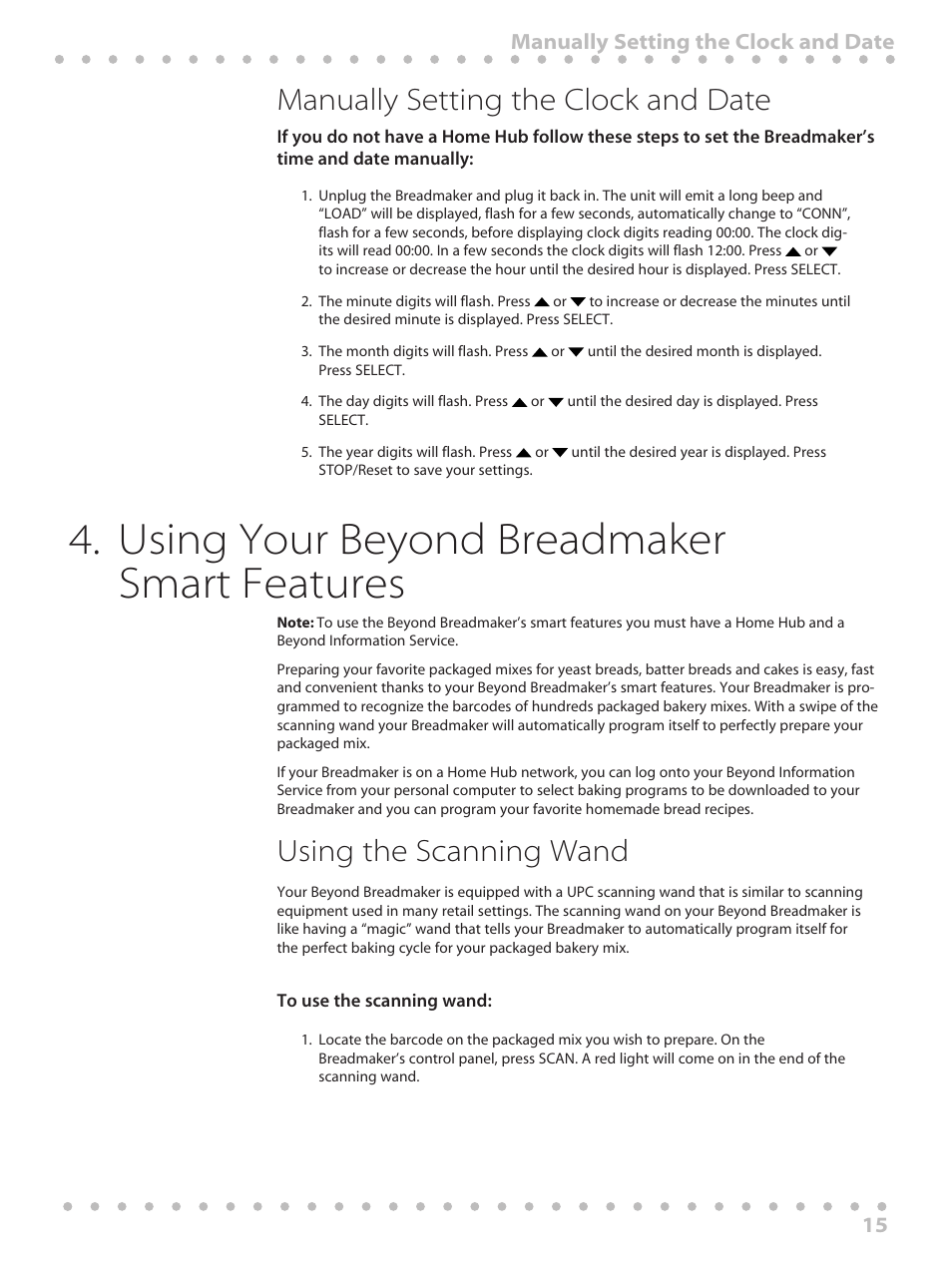 Using your beyond breadmaker smart features, Manually setting the clock and date, Using the scanning wand | Toastmaster WBYBM1 User Manual | Page 15 / 108