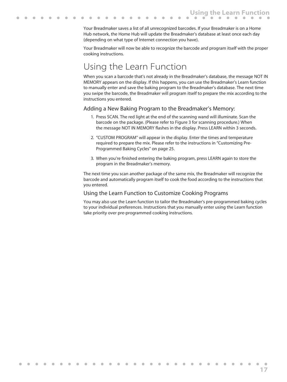 Using the learn function, 17 using the learn function | Toastmaster WBYBM1 User Manual | Page 17 / 108