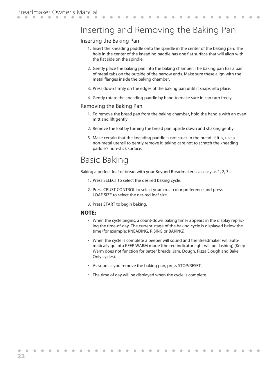 Inserting and removing the baking pan, Basic baking, 22 breadmaker owner’s manual | Toastmaster WBYBM1 User Manual | Page 22 / 108