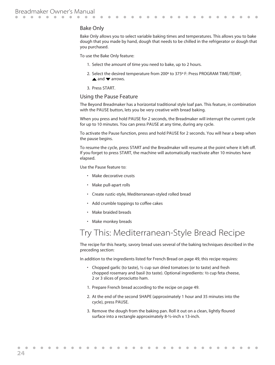 Try this: mediterranean-style bread recipe, 24 breadmaker owner’s manual | Toastmaster WBYBM1 User Manual | Page 24 / 108