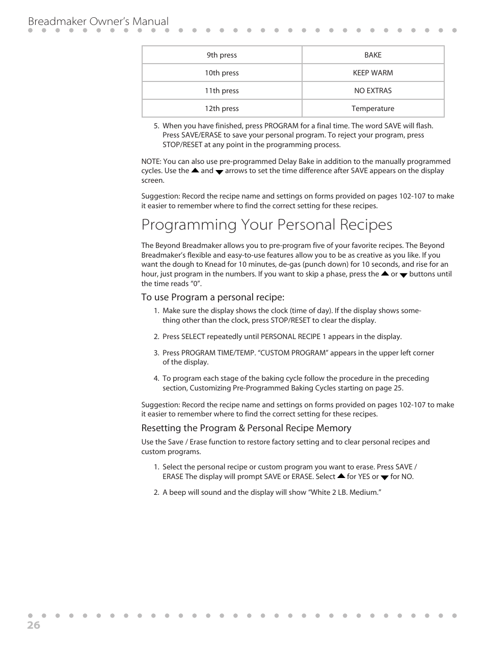 Programming your personal recipes, 26 breadmaker owner’s manual | Toastmaster WBYBM1 User Manual | Page 26 / 108