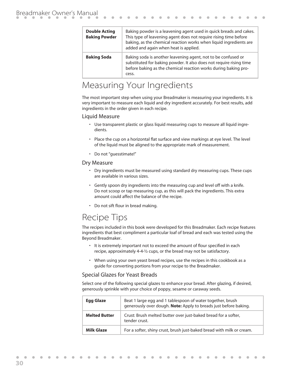 Measuring your ingredients, Recipe tips, 30 breadmaker owner’s manual | Toastmaster WBYBM1 User Manual | Page 30 / 108