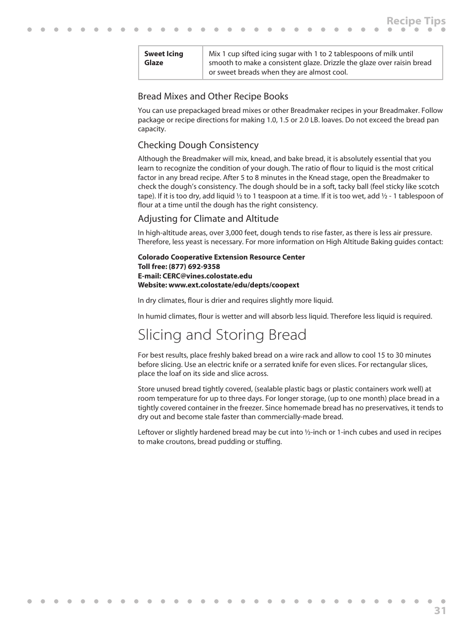 Slicing and storing bread, 31 recipe tips | Toastmaster WBYBM1 User Manual | Page 31 / 108