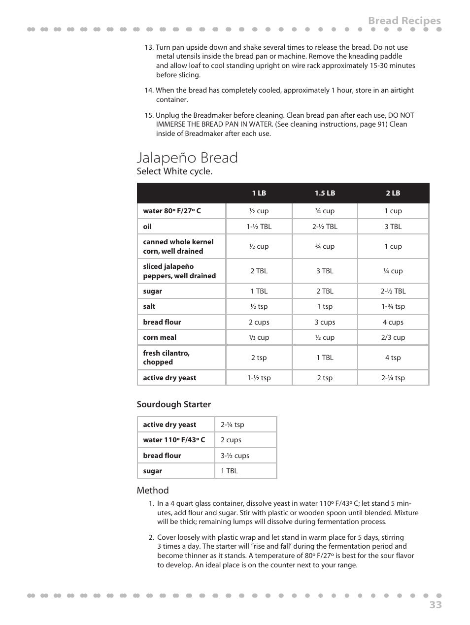 Jalapeño bread, 33 bread recipes, Select white cycle | Method | Toastmaster WBYBM1 User Manual | Page 33 / 108