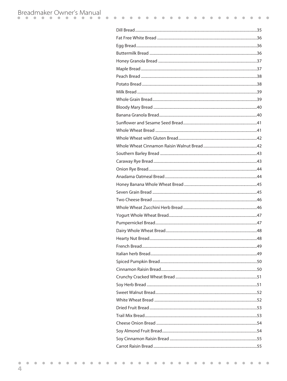 4breadmaker owner’s manual | Toastmaster WBYBM1 User Manual | Page 4 / 108