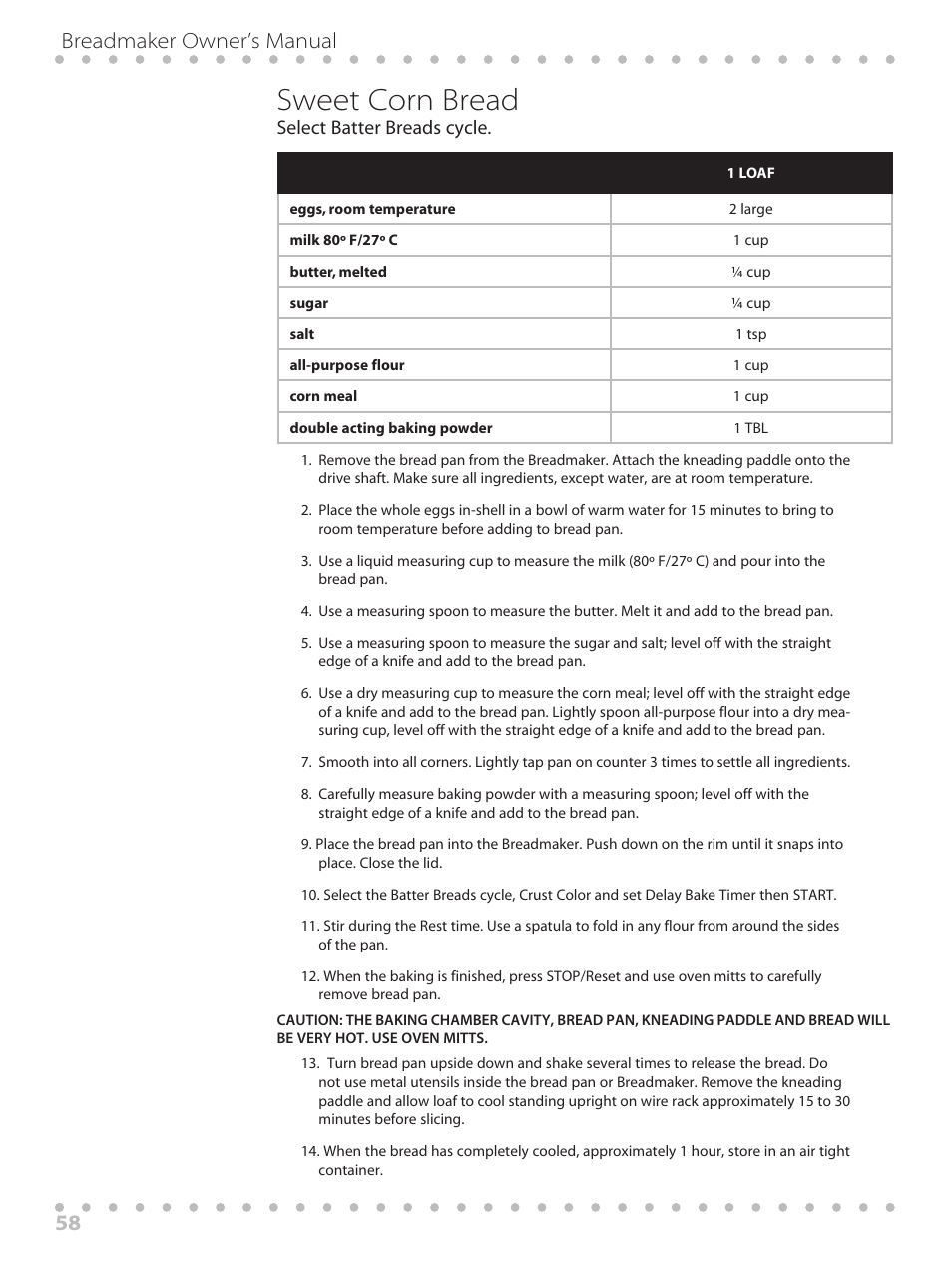 Sweet corn bread, Breadmaker owner’s manual 58 | Toastmaster WBYBM1 User Manual | Page 58 / 108