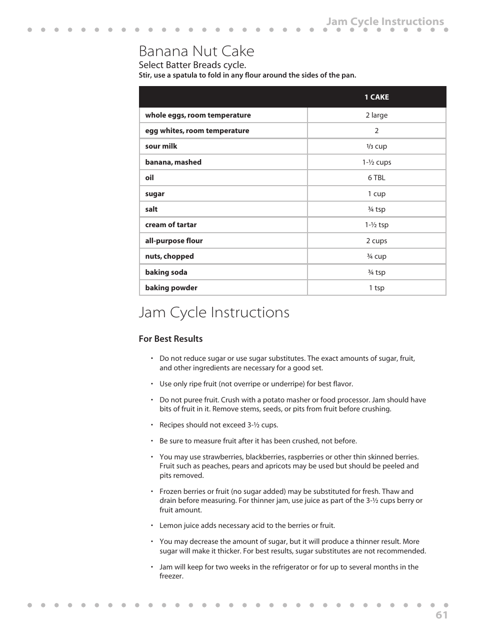 Banana nut cake, Jam cycle instructions, 61 jam cycle instructions | Toastmaster WBYBM1 User Manual | Page 61 / 108