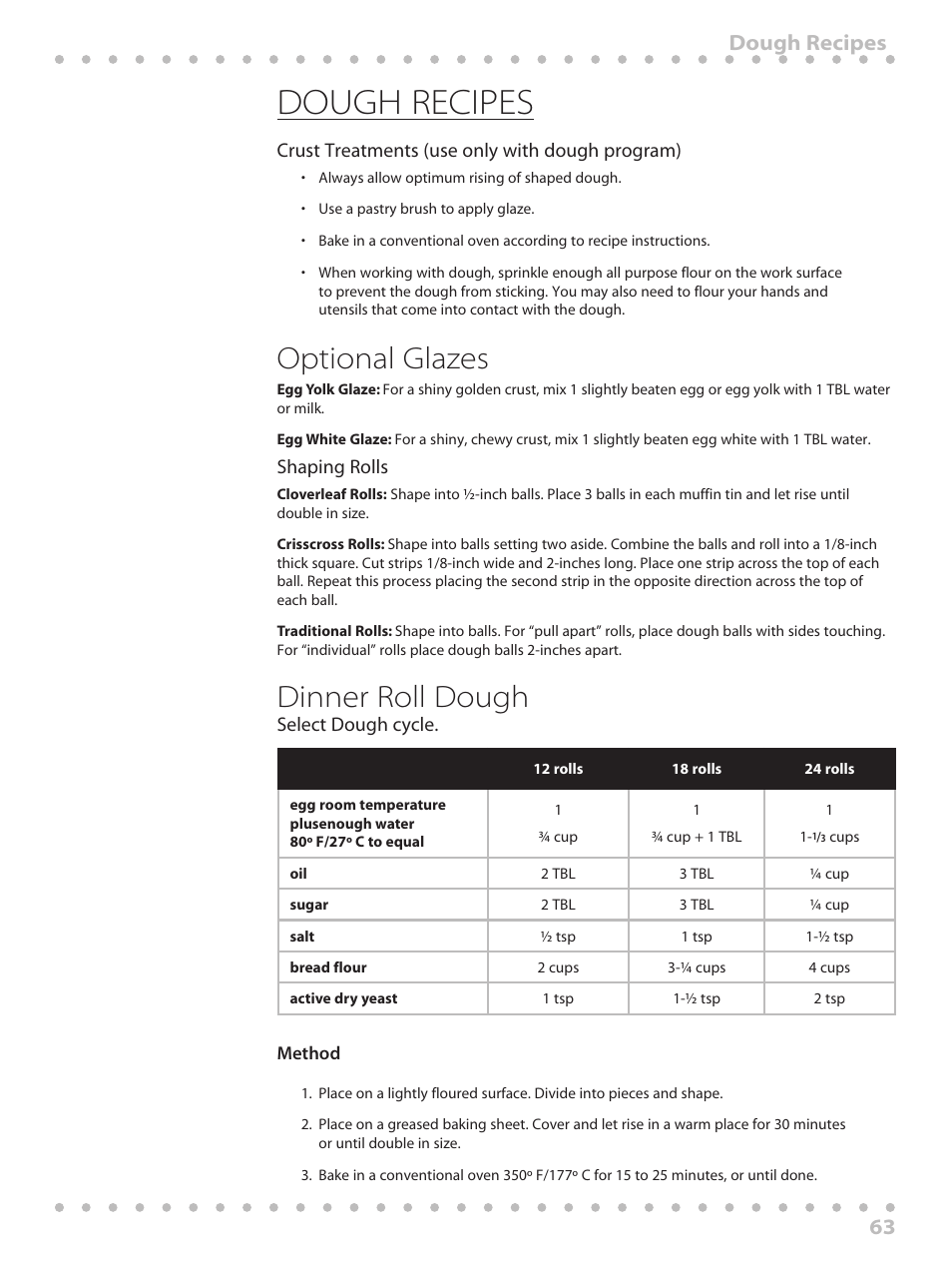 Dough recipes, Optional glazes, Dinner roll dough | 63 dough recipes | Toastmaster WBYBM1 User Manual | Page 63 / 108