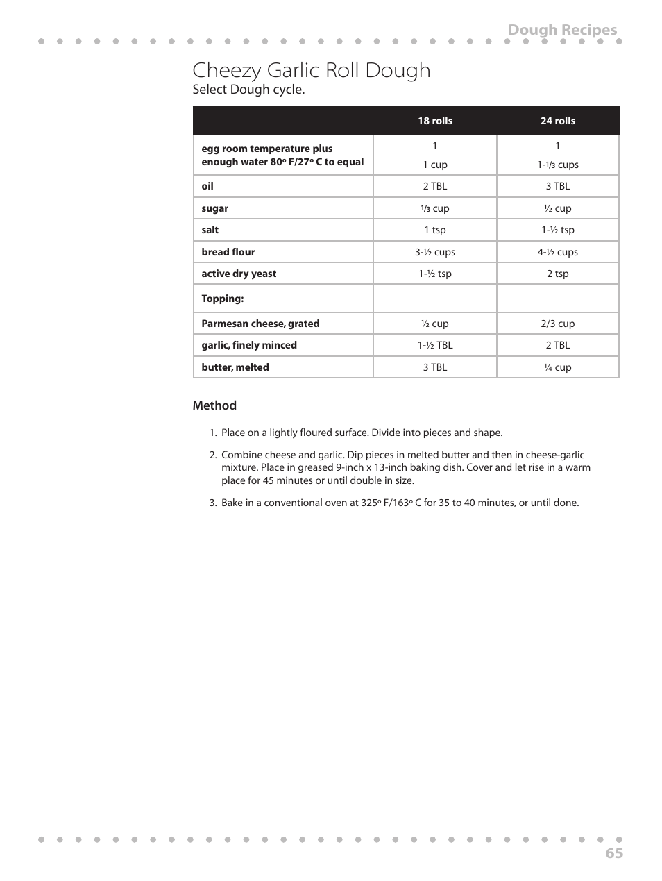 Cheezy garlic roll dough, 65 dough recipes, Select dough cycle | Toastmaster WBYBM1 User Manual | Page 65 / 108