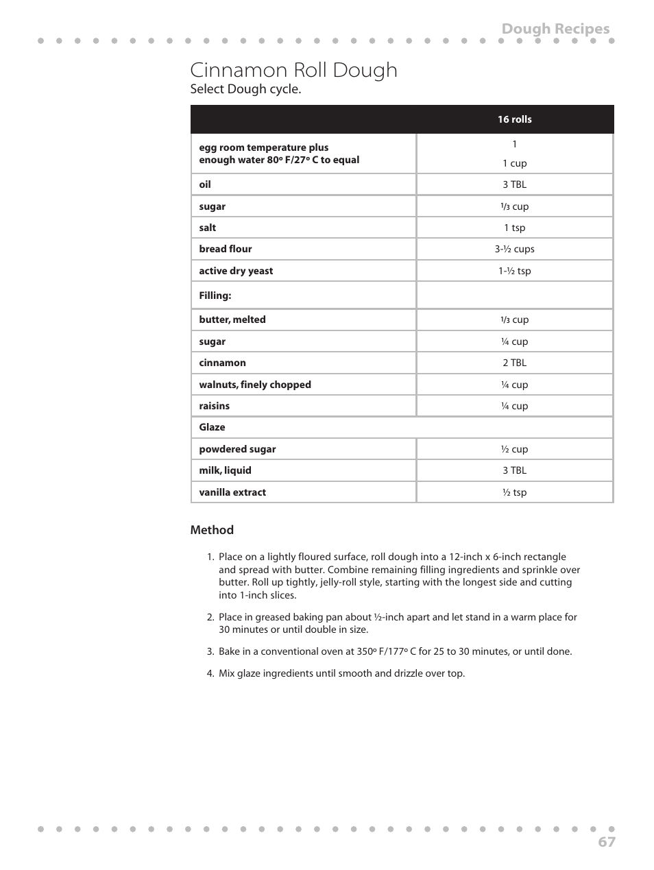 Cinnamon roll dough, 67 dough recipes, Select dough cycle | Toastmaster WBYBM1 User Manual | Page 67 / 108