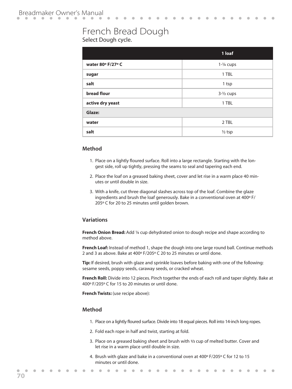 French bread dough, Breadmaker owner’s manual 70 | Toastmaster WBYBM1 User Manual | Page 70 / 108