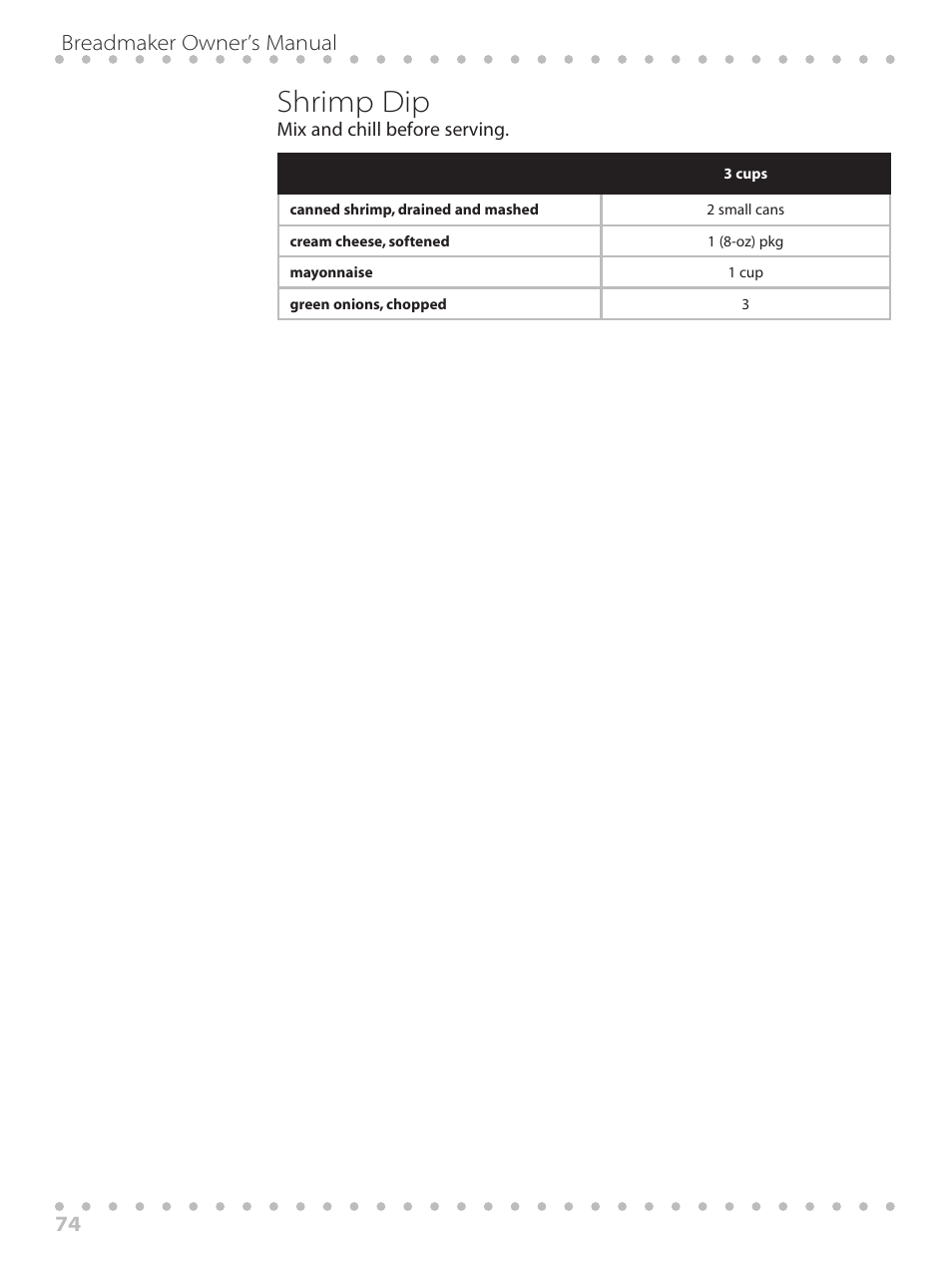 Shrimp dip, Breadmaker owner’s manual 74 | Toastmaster WBYBM1 User Manual | Page 74 / 108