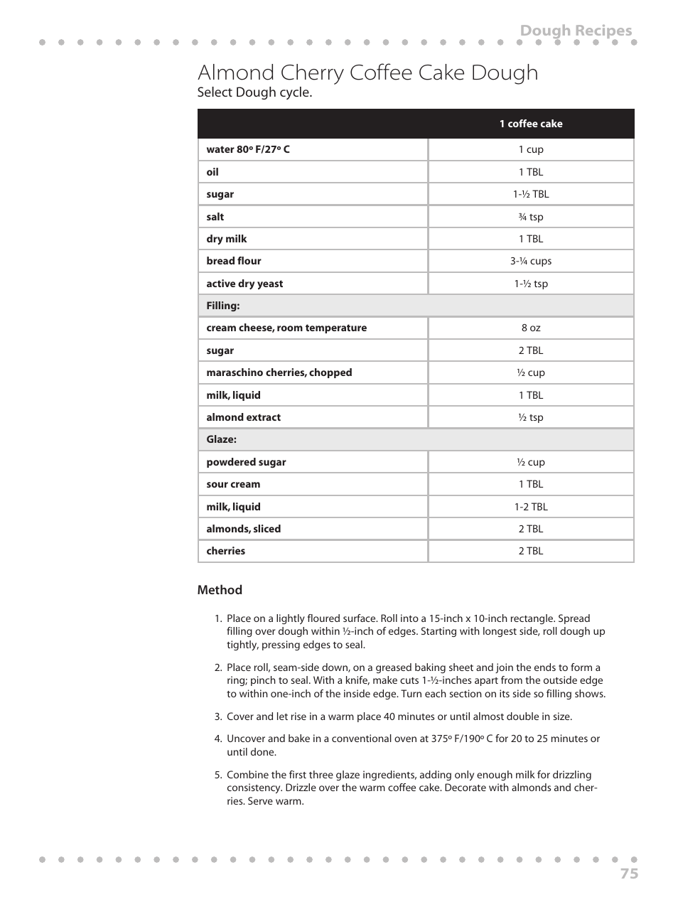 Almond cherry coffee cake dough, 75 dough recipes | Toastmaster WBYBM1 User Manual | Page 75 / 108