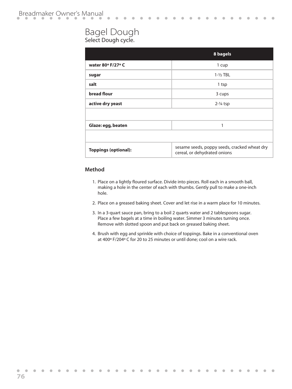 Bagel dough, Breadmaker owner’s manual 76 | Toastmaster WBYBM1 User Manual | Page 76 / 108