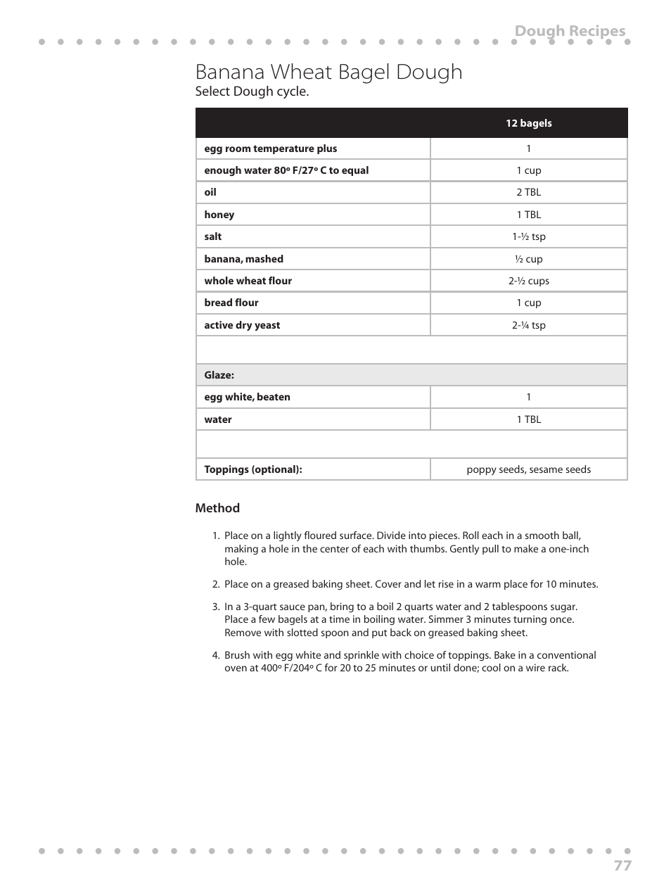 Banana wheat bagel dough, 77 dough recipes | Toastmaster WBYBM1 User Manual | Page 77 / 108