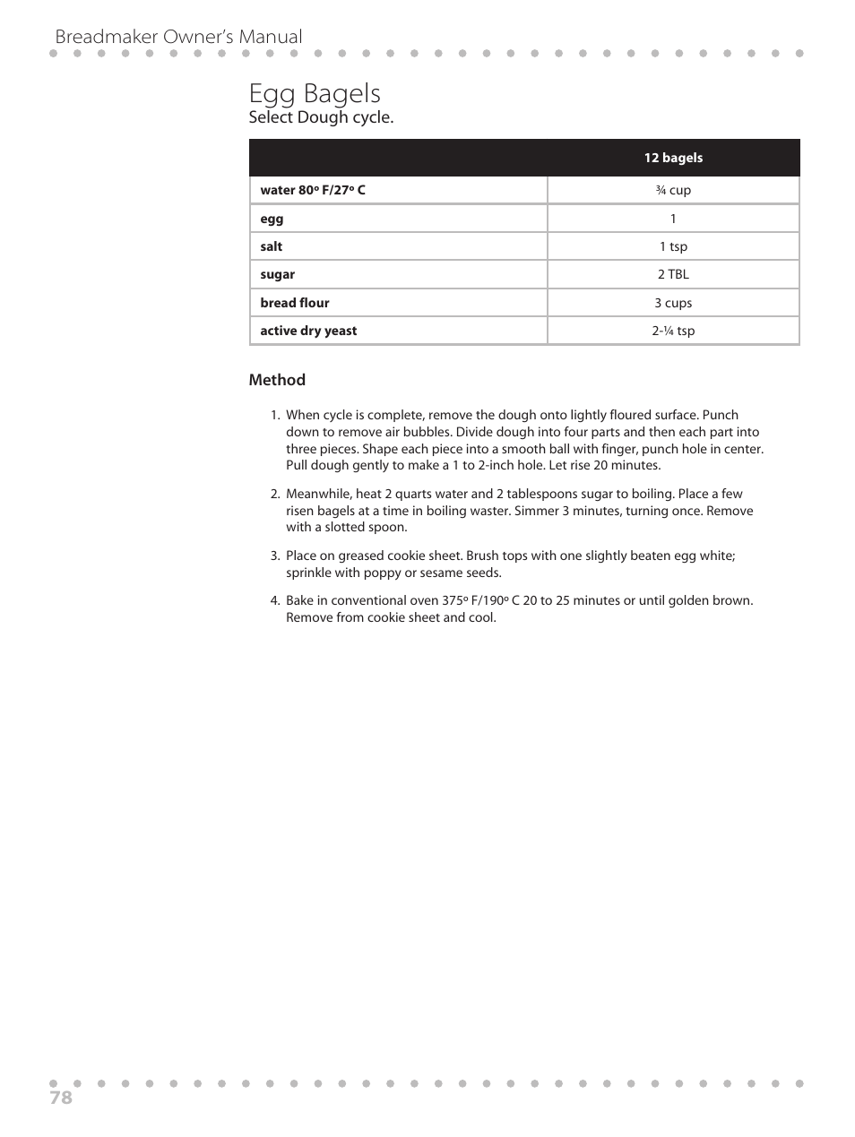 Egg bagels, Breadmaker owner’s manual 78 | Toastmaster WBYBM1 User Manual | Page 78 / 108