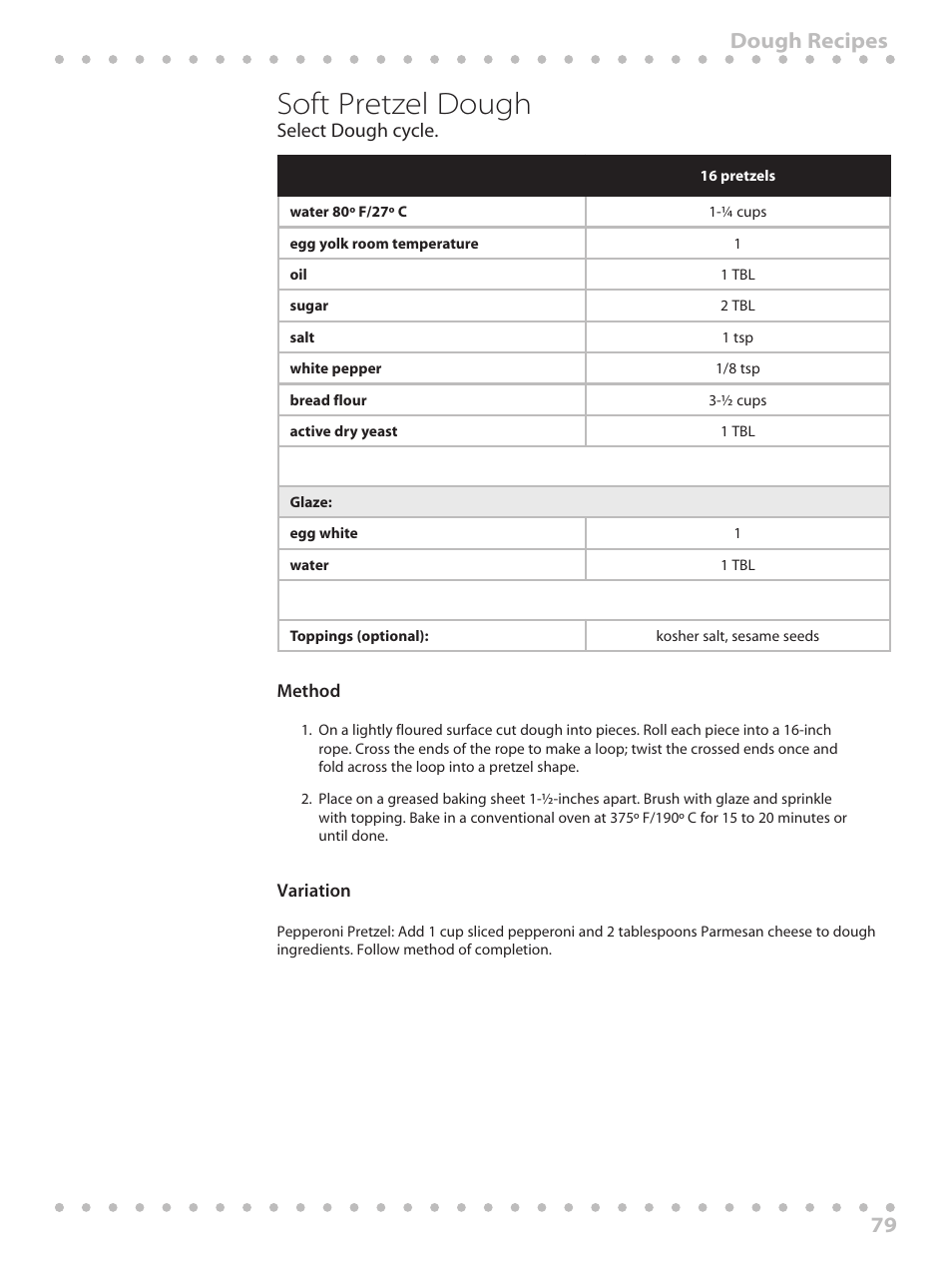 Soft pretzel dough, 79 dough recipes | Toastmaster WBYBM1 User Manual | Page 79 / 108