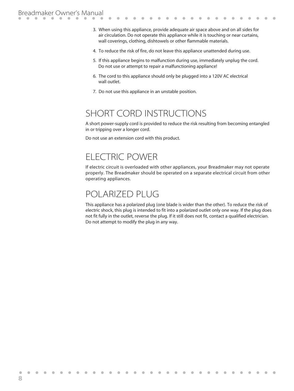 Short cord instructions, Electric power, Polarized plug | 8breadmaker owner’s manual | Toastmaster WBYBM1 User Manual | Page 8 / 108