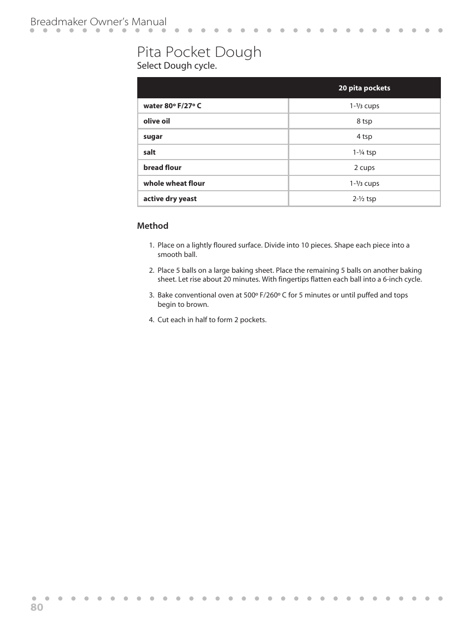 Pita pocket dough, 80 breadmaker owner’s manual, Select dough cycle | Toastmaster WBYBM1 User Manual | Page 80 / 108