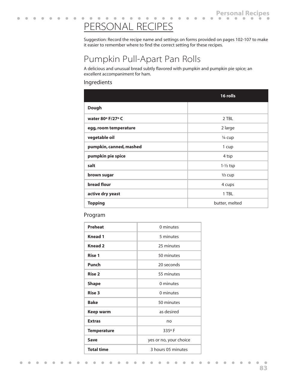 Personal recipes, Pumpkin pull-apart pan rolls, 83 personal recipes | Toastmaster WBYBM1 User Manual | Page 83 / 108