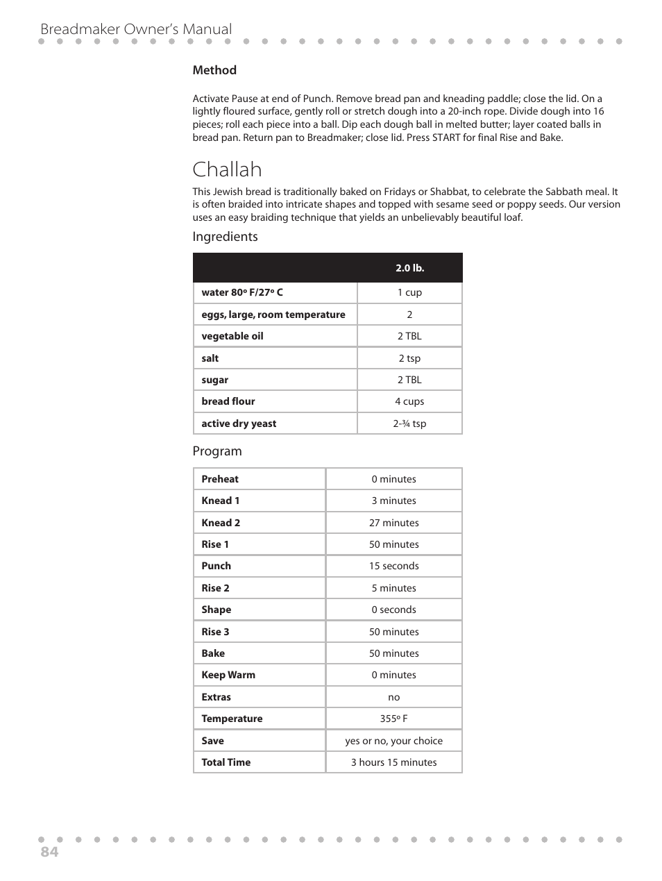 Challah, 84 breadmaker owner’s manual | Toastmaster WBYBM1 User Manual | Page 84 / 108