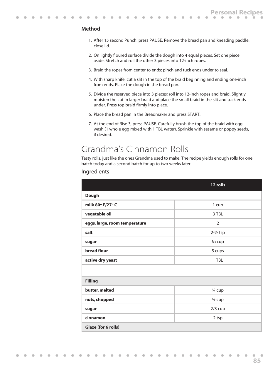 Grandma’s cinnamon rolls, 85 personal recipes | Toastmaster WBYBM1 User Manual | Page 85 / 108