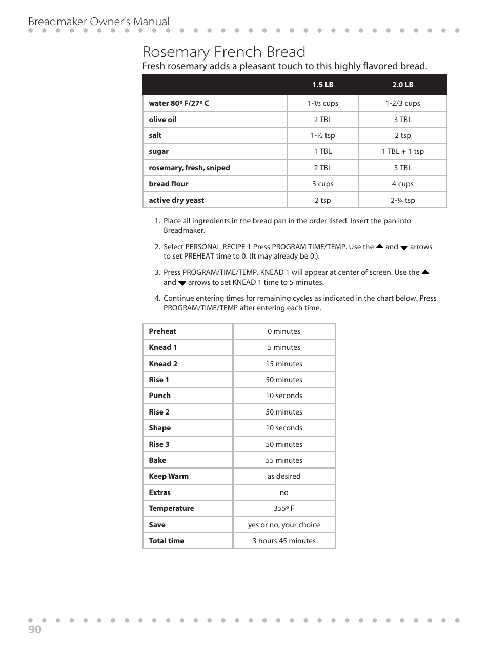 Rosemary french bread, 90 breadmaker owner’s manual | Toastmaster WBYBM1 User Manual | Page 90 / 108