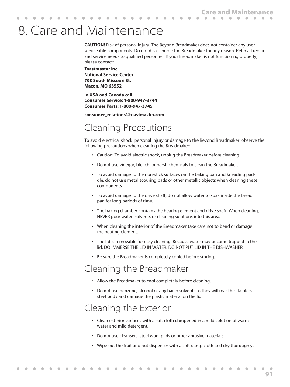 Care and maintenance, Cleaning precautions, Cleaning the breadmaker | Cleaning the exterior, 91 care and maintenance | Toastmaster WBYBM1 User Manual | Page 91 / 108