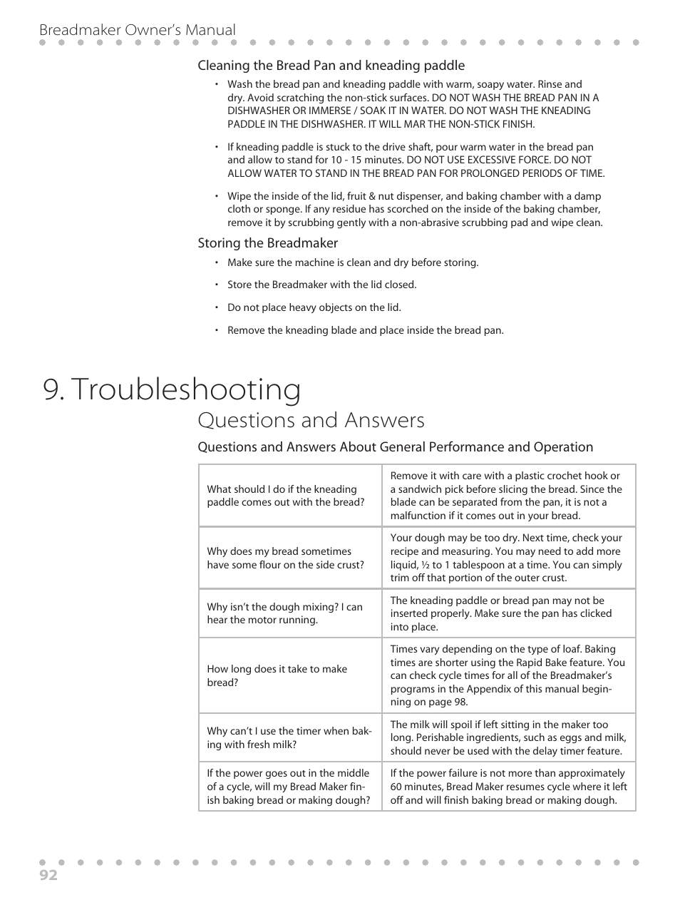 Troubleshooting, Questions and answers, 92 breadmaker owner’s manual | Toastmaster WBYBM1 User Manual | Page 92 / 108