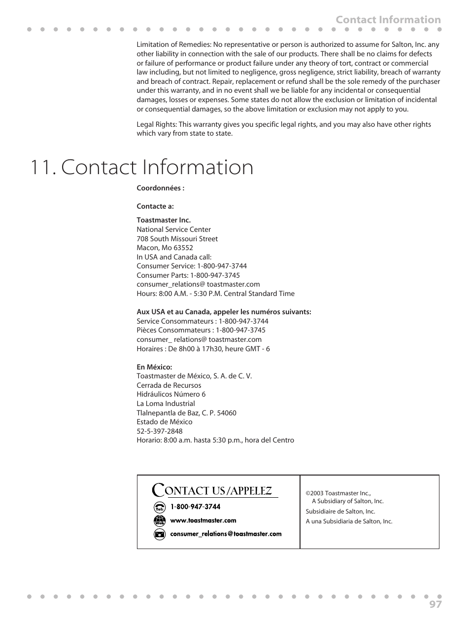 Contact information, 97 contact information | Toastmaster WBYBM1 User Manual | Page 97 / 108