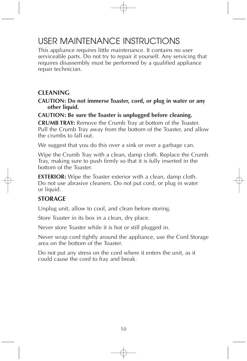 User maintenance instructions | Toastmaster T230/T230B User Manual | Page 10 / 11